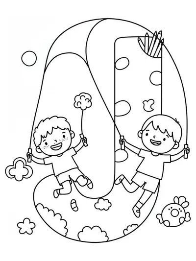 Printable coloring page with medium detail of letter J with children jumping rope and playful action lines.