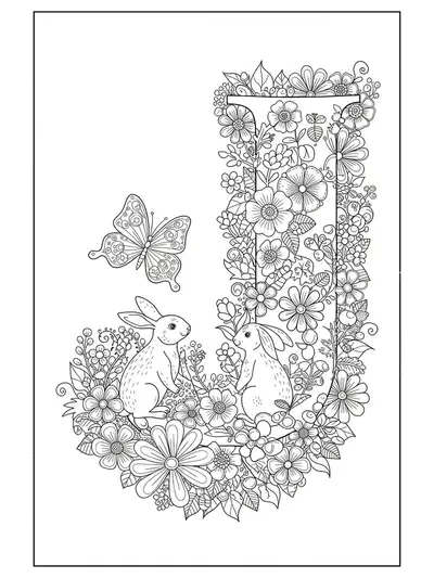 Letter J surrounded by detailed spring flowers, butterflies, and bunnies, designed for complex coloring.