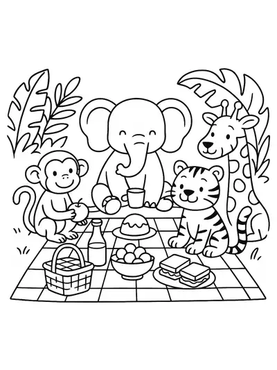 Easy coloring page of jungle animals having a picnic together with large simple outlines.
