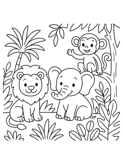 Easy outline coloring page with a lion, elephant, and monkey together, with simple jungle plants.