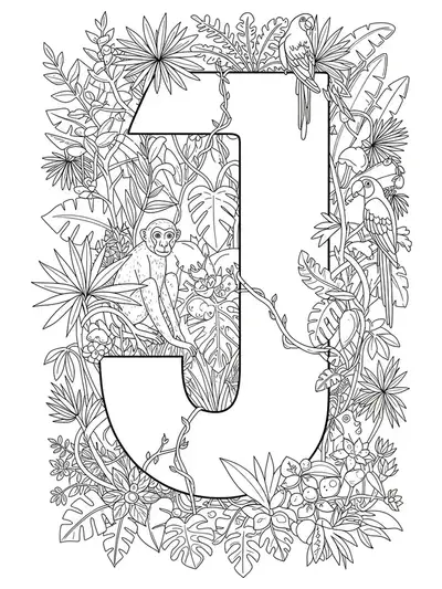 Large letter J surrounded by complex jungle plants, animals, and vines, designed as a difficult coloring page for kids.