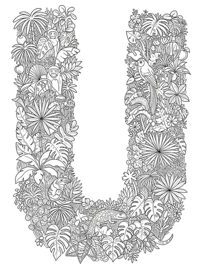 Letter U surrounded by and filled with intricate drawings of jungle plants, monkeys, birds, and reptiles for a challenging teen coloring page.