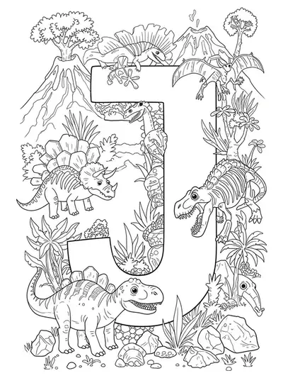 Complex letter J surrounded by dinosaurs, fossils, and volcanoes for an advanced dinosaur coloring page.