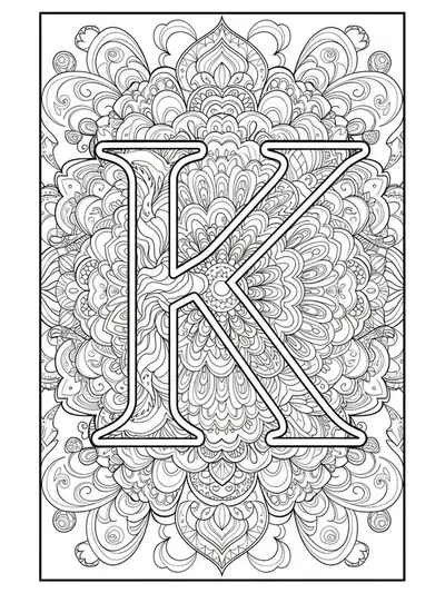 Letter K with intricate symmetrical patterns and kaleidoscope mandala designs.