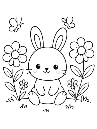 Kawaii bunny sitting in a simple garden with big flowers and butterflies, easy for young children to color.