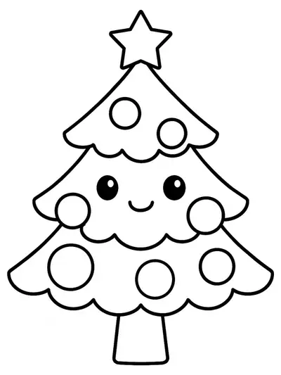 Simple outline of a kawaii Christmas tree with a smiling face and large ornaments, easy for preschoolers to color.