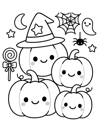 Easy coloring page with cute kawaii pumpkins and smiling faces, simple lines, and Halloween theme.