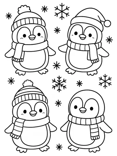 Elementary coloring page showing cute kawaii penguins wearing scarves and hats, set in winter with snowflakes.