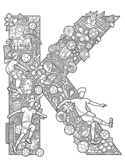 Letter K coloring page with soccer players, balls, stadium, and detailed sports patterns.