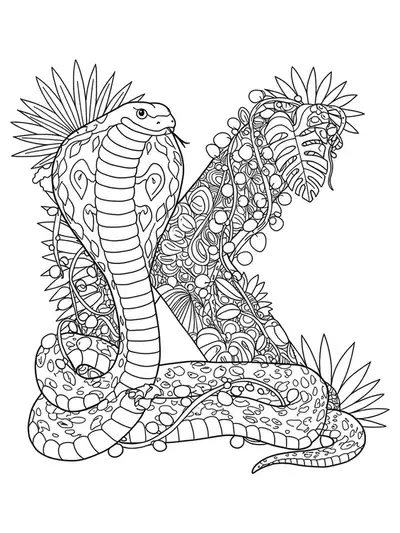 Letter K with a king cobra snake, jungle plants, and intricate wildlife patterns.