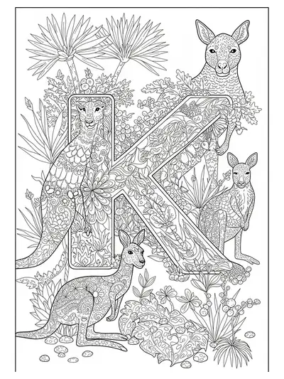 Complex letter K coloring page with kangaroos, leaves, and Australian details.