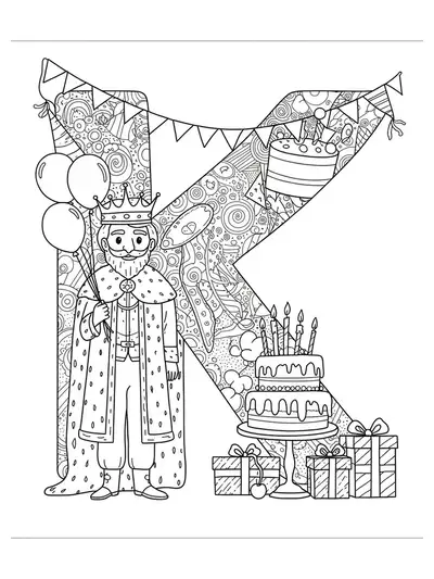 Complex letter K coloring page with a king, birthday cake, balloons, and presents.