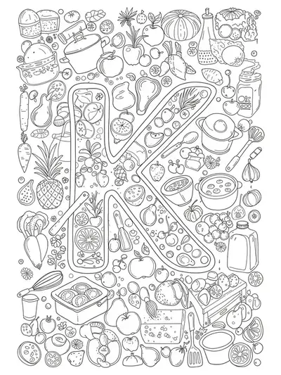 Letter K surrounded by detailed kitchen utensils, fruits, and cooking tools.