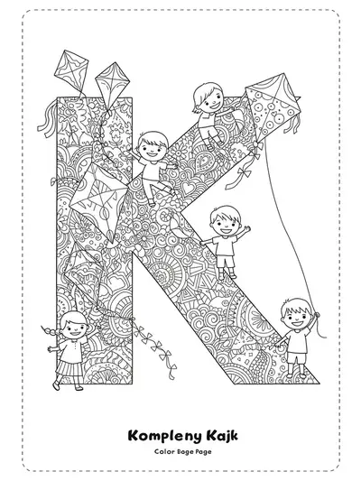 Letter K surrounded by children flying ornate kites with detailed patterns.