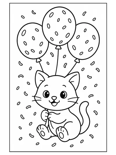 A kitten holding balloons at a birthday party, surrounded by confetti.