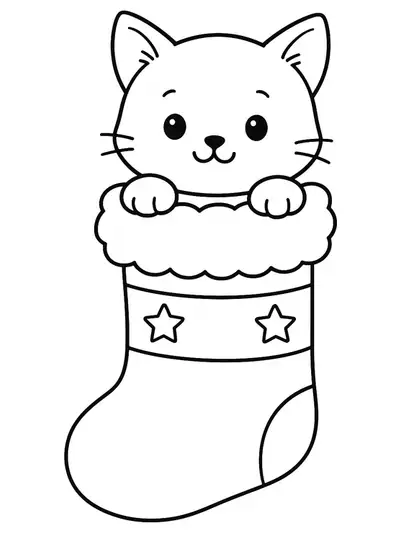 Easy coloring page of a kitten inside a Christmas stocking for preschoolers