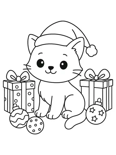 Easy coloring page of a kitty wearing a Santa hat with Christmas presents and ornaments.