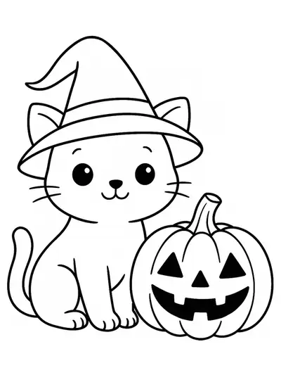 Simple coloring page of a kitty with a witch hat sitting next to a pumpkin.