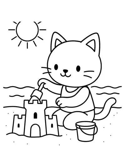 Outline of a kitty at the beach, building a sandcastle with a sun above, made easy for preschool coloring.