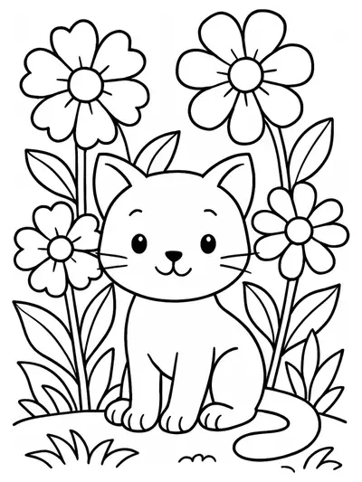 Simple line art coloring page of a kitty sitting in a flower garden with big flowers