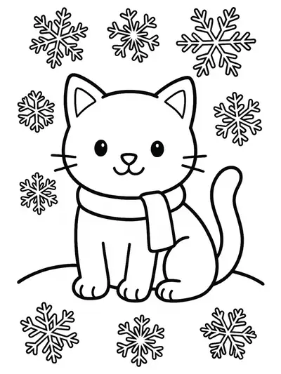 Easy coloring page with a kitty wearing a scarf, sitting on snow with snowflakes