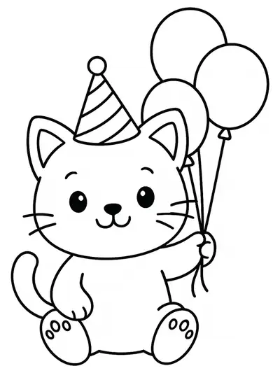 Simple coloring page of a kitty holding balloons and wearing a party hat for a birthday theme