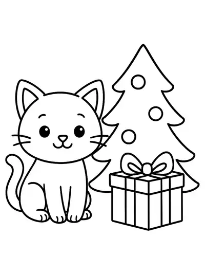 Simple line art of a kitty sitting beside a wrapped present and a Christmas tree, easy for preschool coloring.