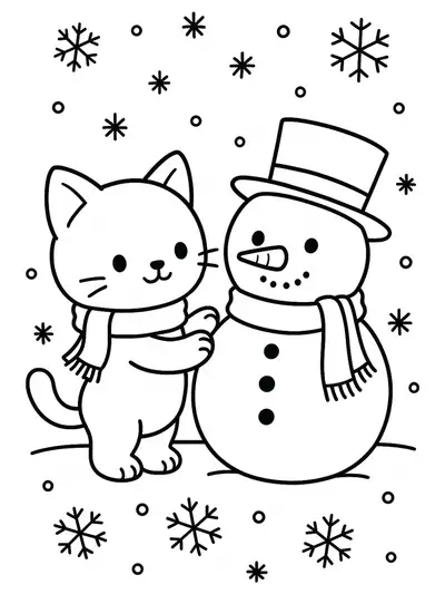 Easy coloring page of a kitty with a scarf making a snowman with snowflakes in the background.