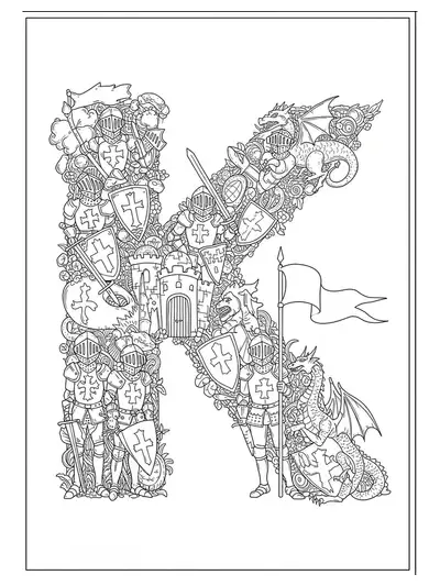 Detailed letter K with knights, dragon, castle, and medieval patterns.