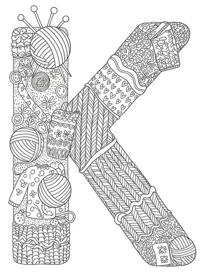 Letter K with yarn balls, knitting needles, sweaters, and complex stitch designs.