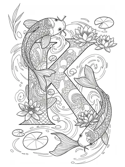 Letter K with intricate koi fish, lily pads, water plants, and swirling pond patterns.