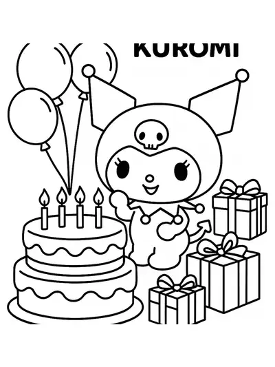 Kuromi character next to a big birthday cake with balloons and presents, easy outlines for preschoolers