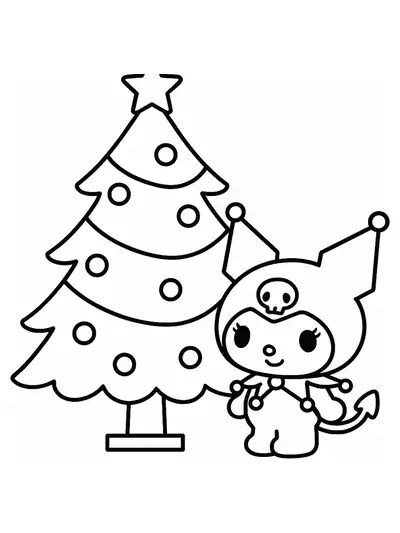Kuromi character standing beside a large Christmas tree with ornaments, simple lines, easy for preschoolers
