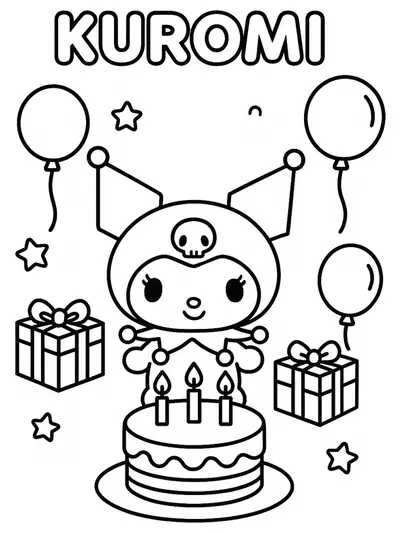 Kuromi celebrating a birthday with balloons, presents, and a cake