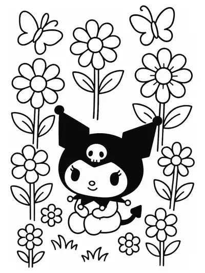Kuromi character in a flower garden with large flowers and butterflies, simple outlines, preschool level