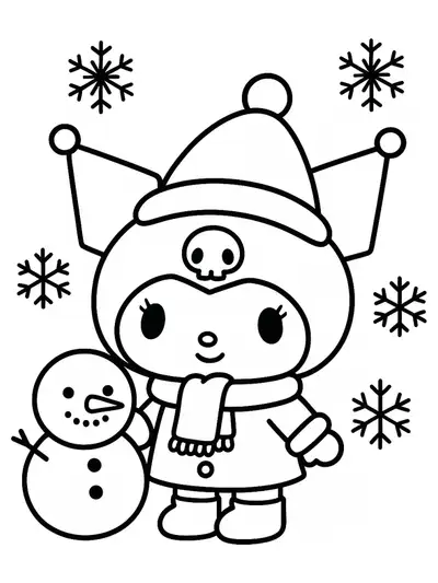 Kuromi wearing winter clothes with snowflakes and a snowman