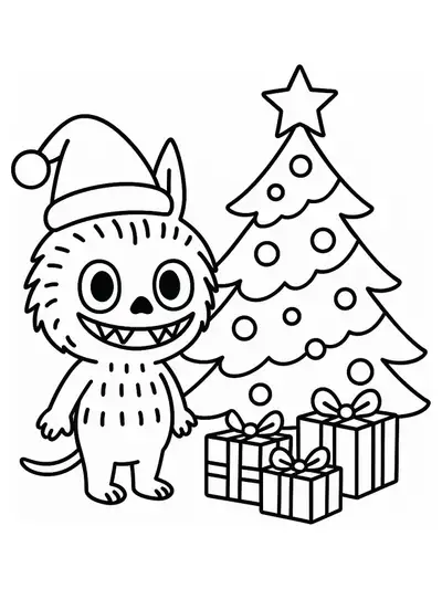 Labubu wearing a Santa hat beside a decorated Christmas tree with presents