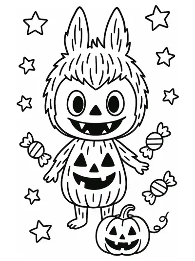 Labubu wearing a pumpkin costume with stars and candies, simple outlines for easy preschool coloring.