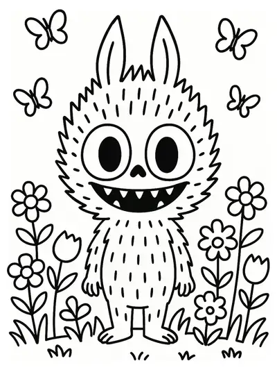 Labubu standing in a spring garden with flowers and butterflies