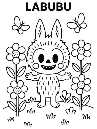 Labubu standing in a spring garden with big flowers and butterflies, simple outlines for easy coloring.