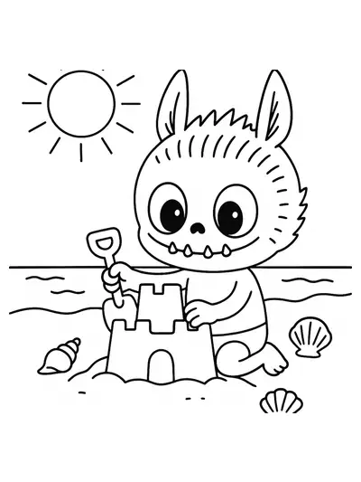 Labubu at the beach building a sandcastle with big sun and seashells, simple and easy lines.