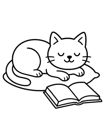 Line drawing of a cat laying on a pillow next to an open book, designed for easy coloring