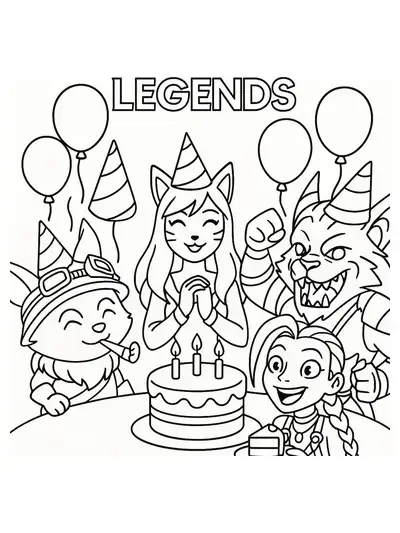 League of Legends champions with balloons and birthday cake, simple coloring page for preschoolers.