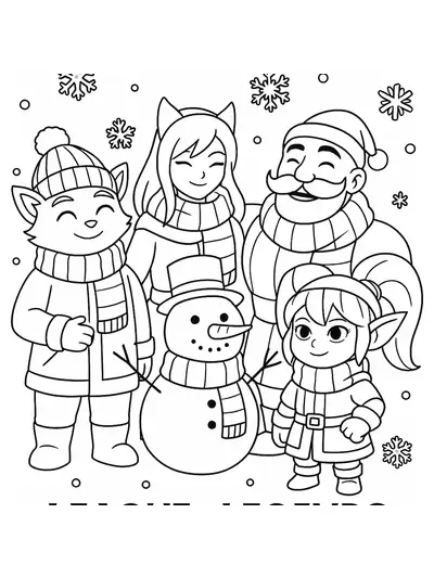 League of Legends characters in winter clothing with snowflakes and a snowman in the background