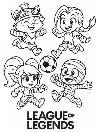 Simple League of Legends champions playing soccer, easy coloring page for preschoolers.