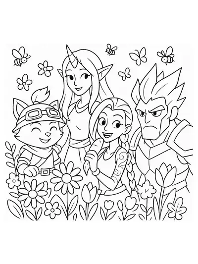 League of Legends characters in a flower garden with butterflies and bees around them