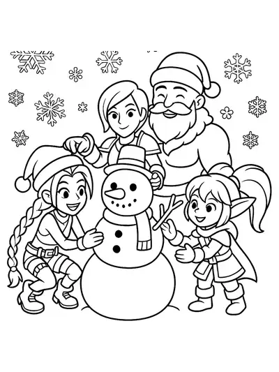 League of Legends characters building a snowman, easy winter coloring page for preschoolers.