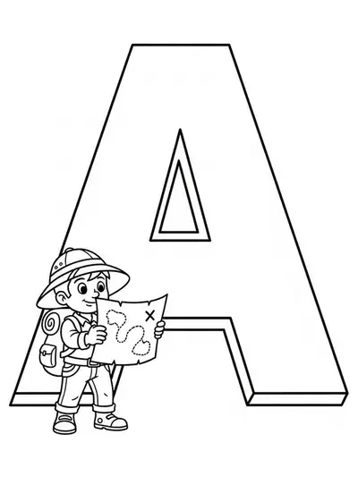 Large letter A with a simple cartoon explorer and a treasure map, easy for preschoolers.