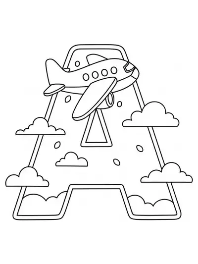 Coloring page with the letter A and a happy airplane flying through clouds.