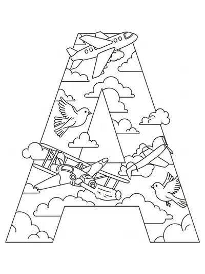 Letter A with detailed airplanes, clouds, birds, and sky patterns, hard coloring page for preschool